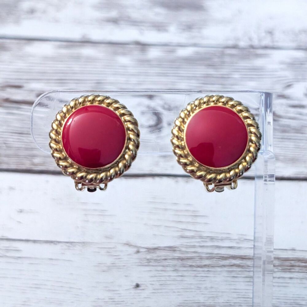 Vintage Clip On Earrings - 7/8" Statement Red with Gold Tone Woven Halo